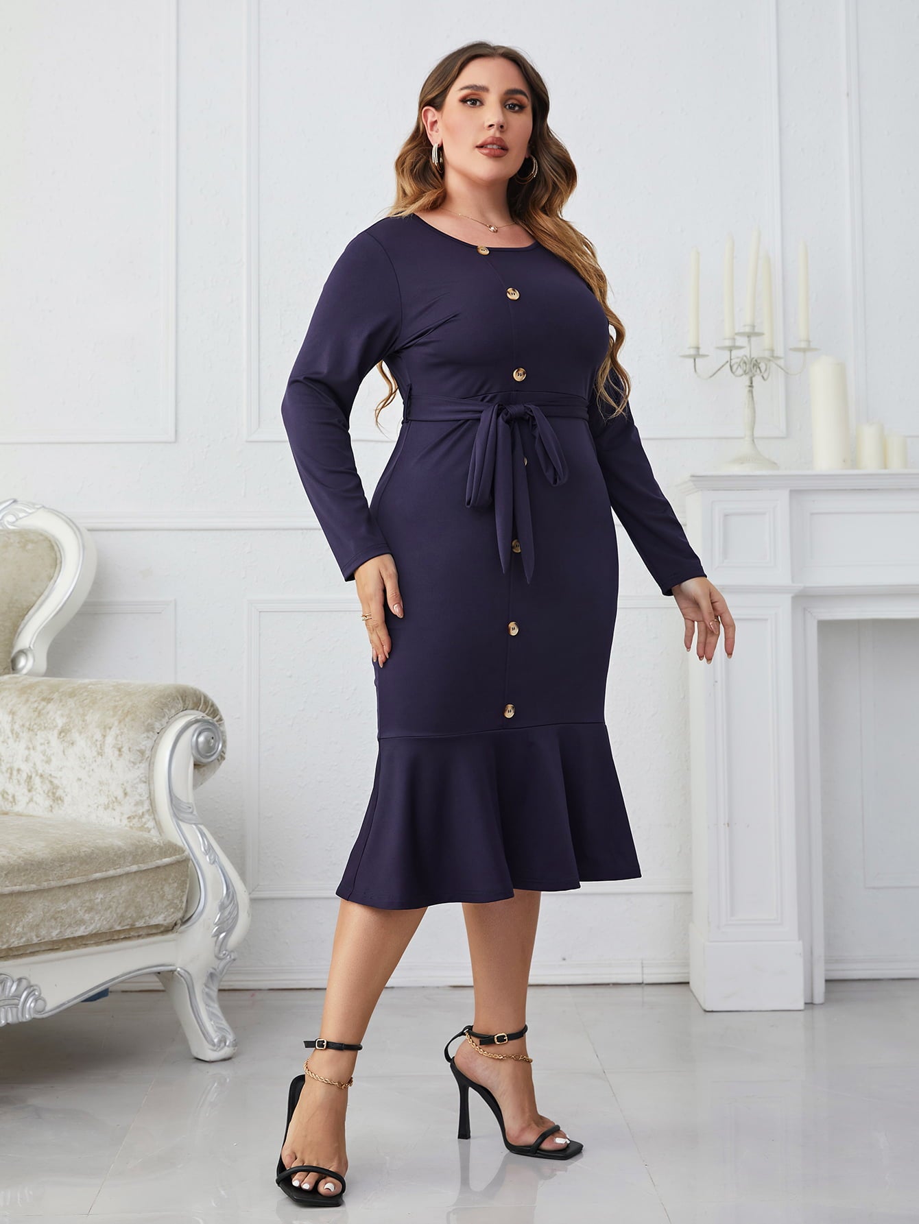 Honey Melo Apparel Plus Size Buttoned Round Neck Tie Belt Midi Dress