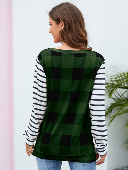 Plaid Striped Round Neck Long Sleeve T-Shirt