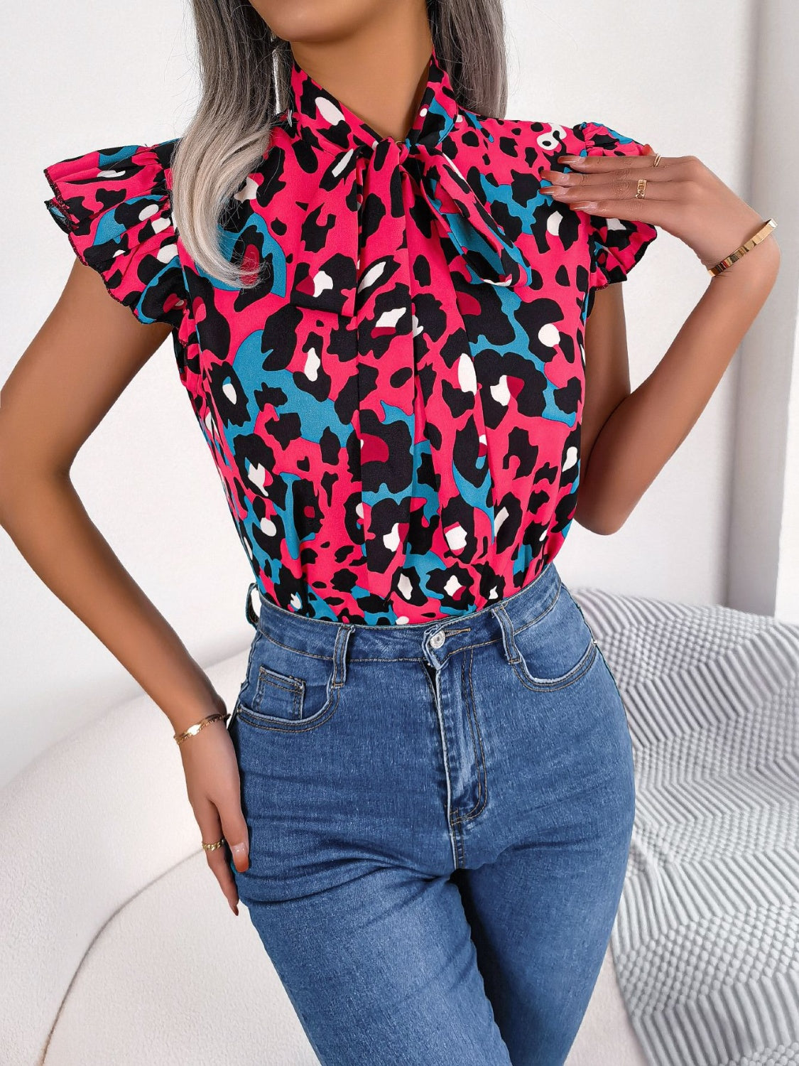 Leopard Tie Neck Cap Sleeve Blouse