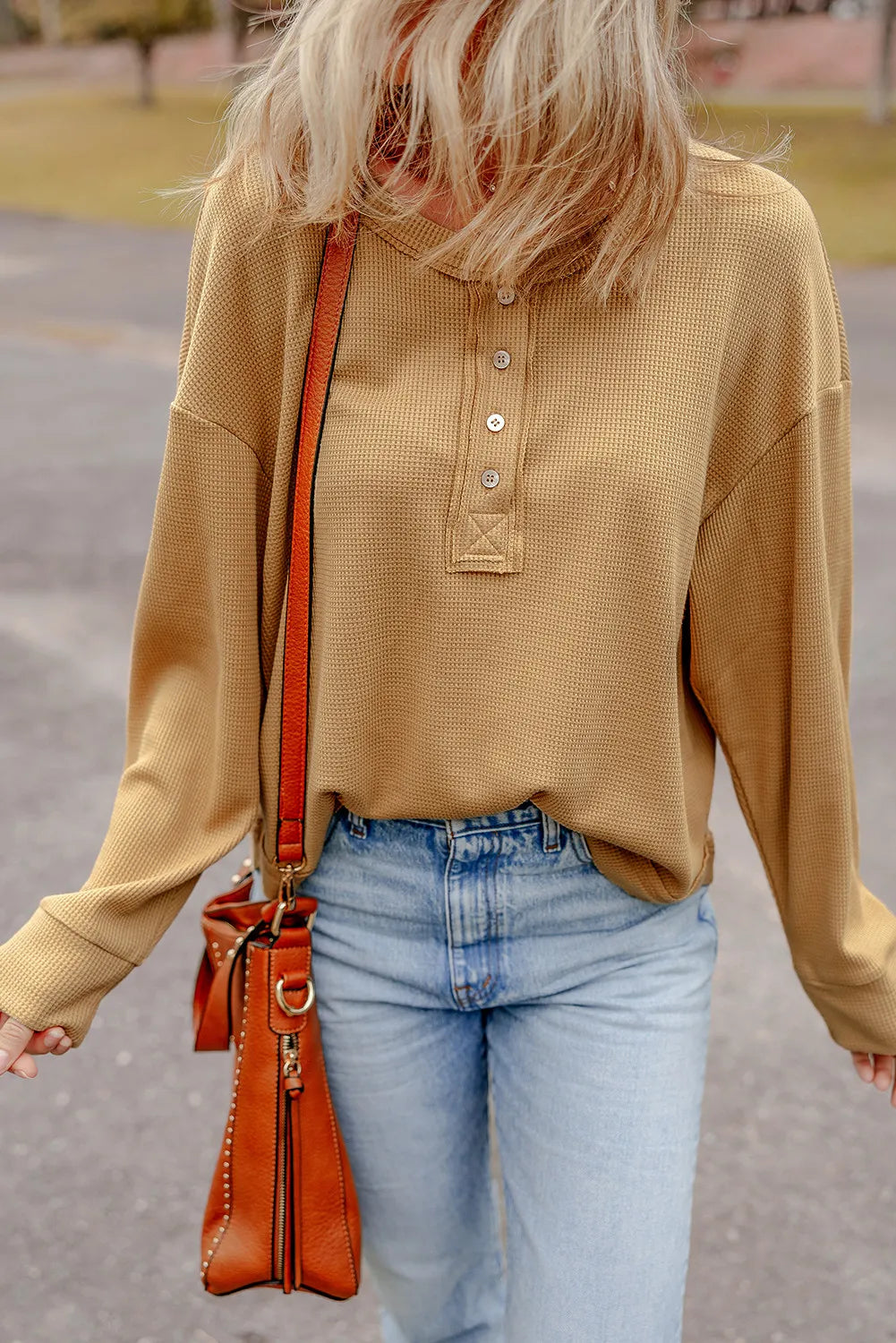 Waffle-Knit Half Button Round Neck Long Sleeve Top