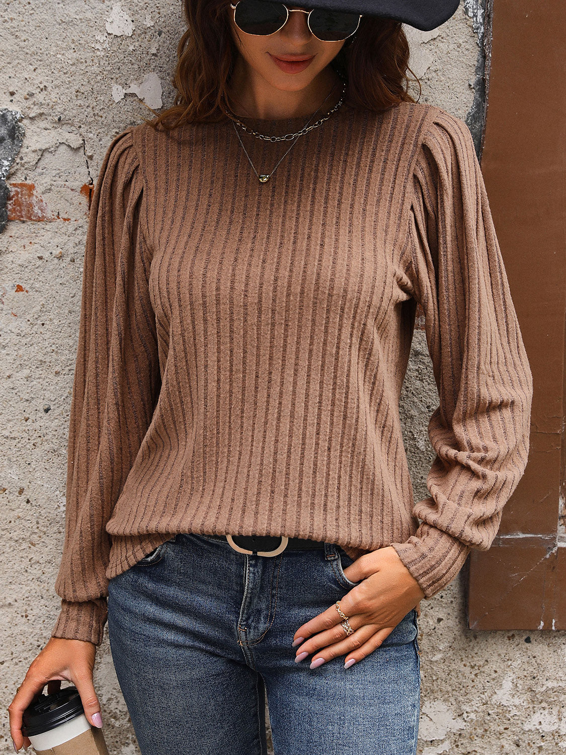 Perfee Ribbed Round Neck Long Sleeve T-Shirt