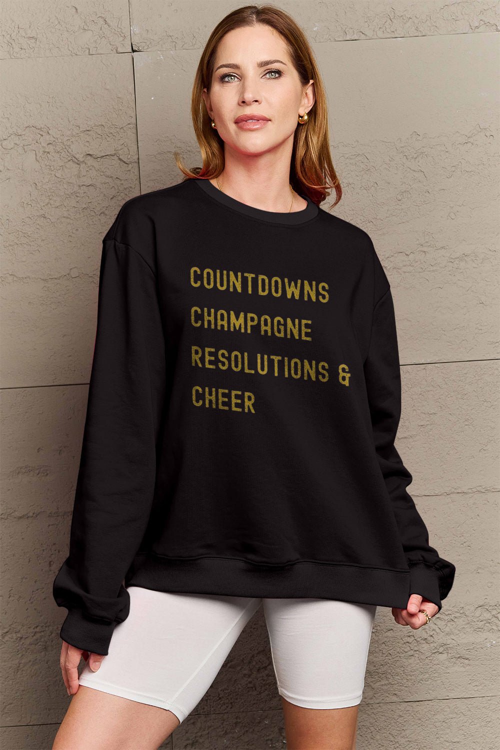 Simply Love Full Size COUNTDOWNS CHAMPAGNE RESOLUTIONS &amp; CHEER Round Neck Sweatshirt