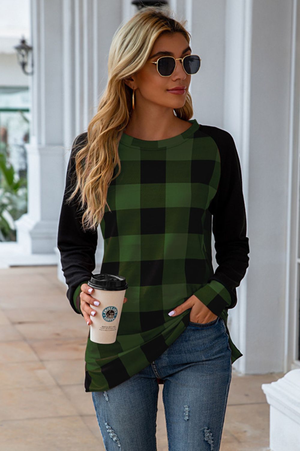 Plaid Round Neck Long Sleeve T-Shirt