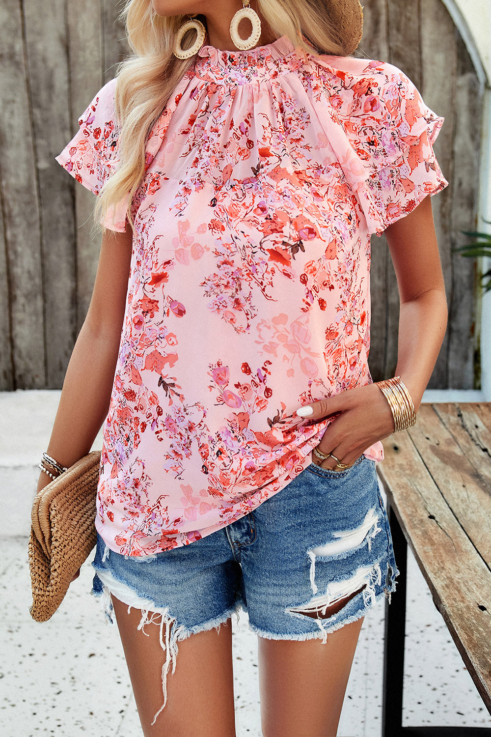 Devine Printed Ruffled Mock Neck Blouse