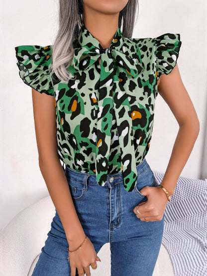 Leopard Tie Neck Cap Sleeve Blouse