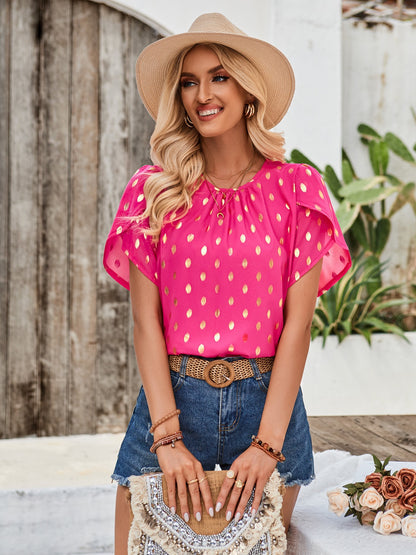 Printed Round Neck Petal Sleeve Blouse