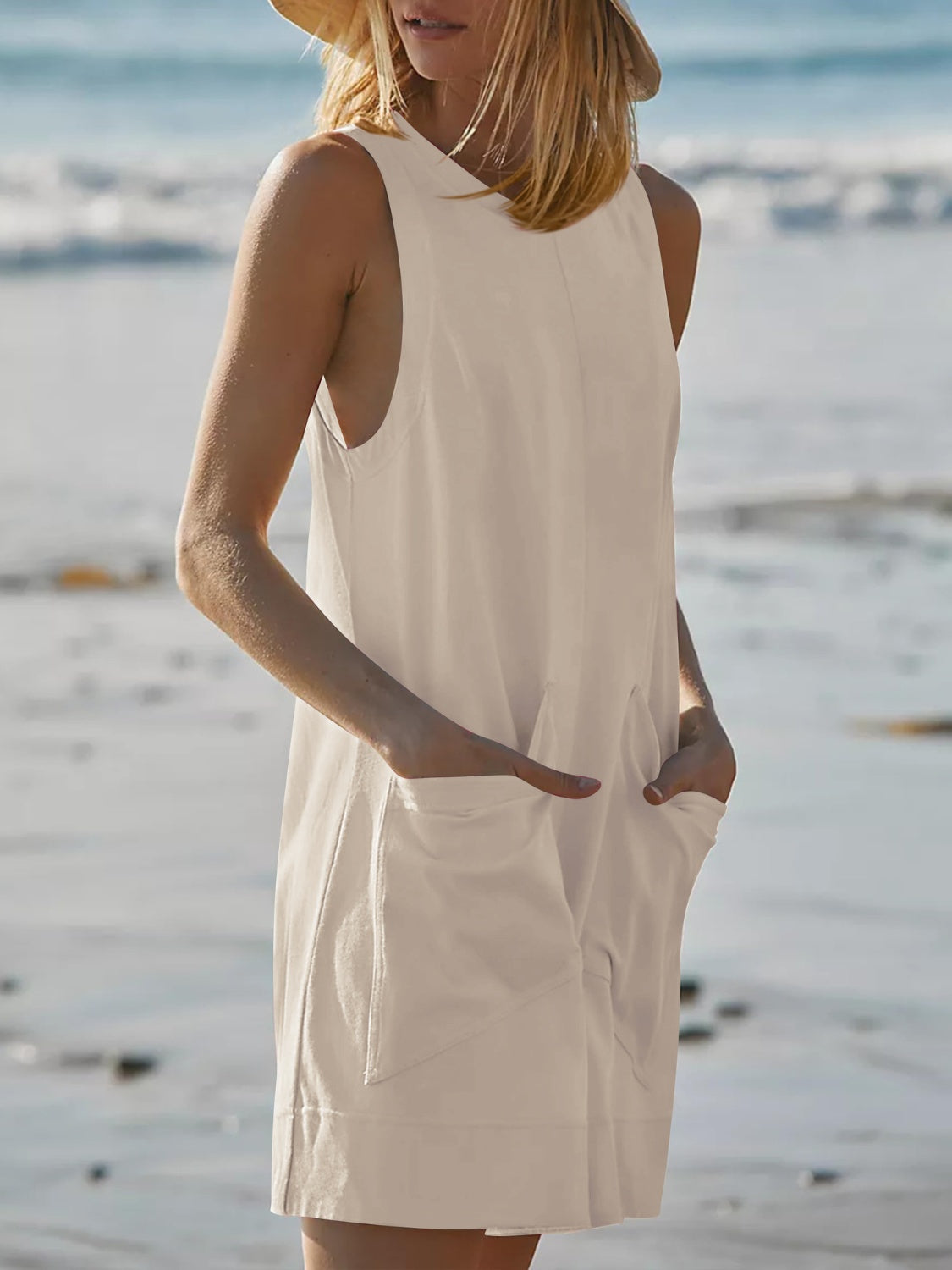 Round Neck Sleeveless Romper with Pockets