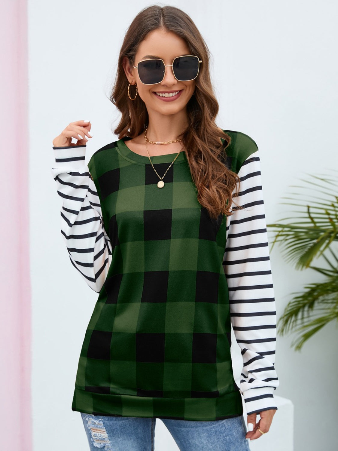 Plaid Striped Round Neck Long Sleeve T-Shirt