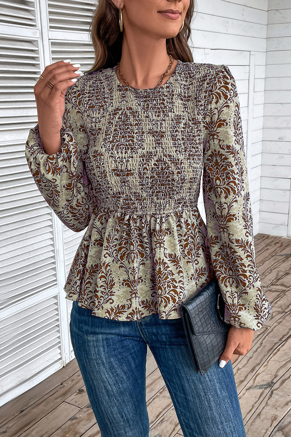 Perfee Smocked Printed Balloon Sleeve Blouse