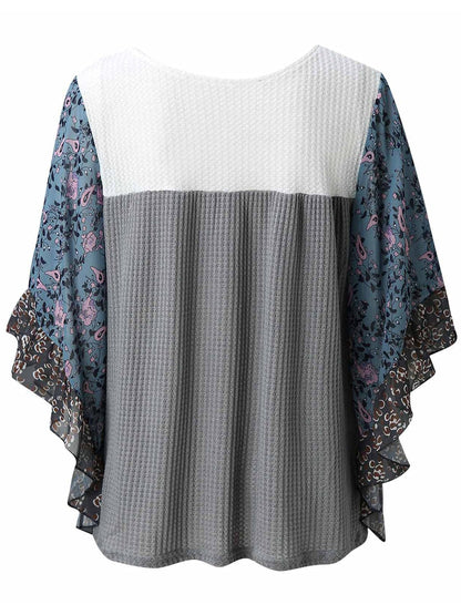 Full Size Printed Round Neck Three-Quarter Sleeve Blouse