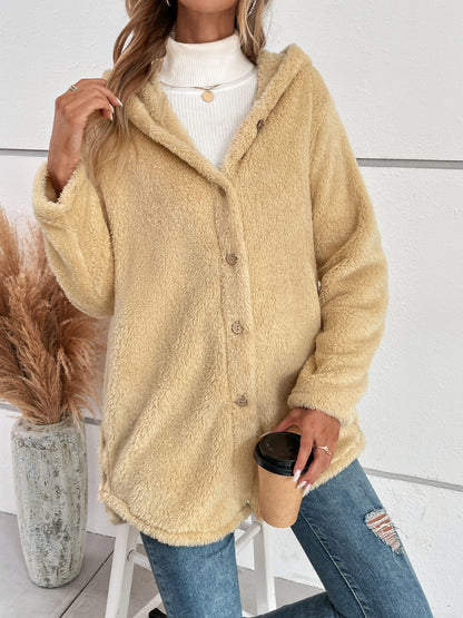 Fuzzy Button Up Hooded Jacket