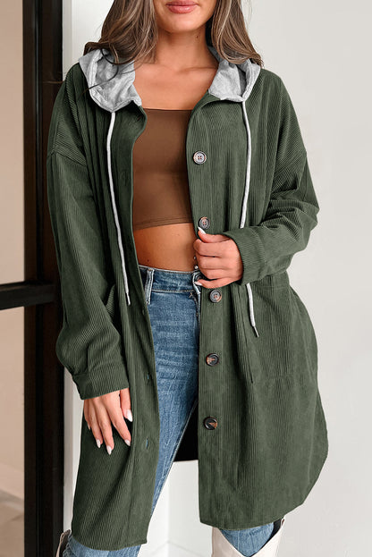 Drawstring Button Up Long Sleeve Hooded Jacket