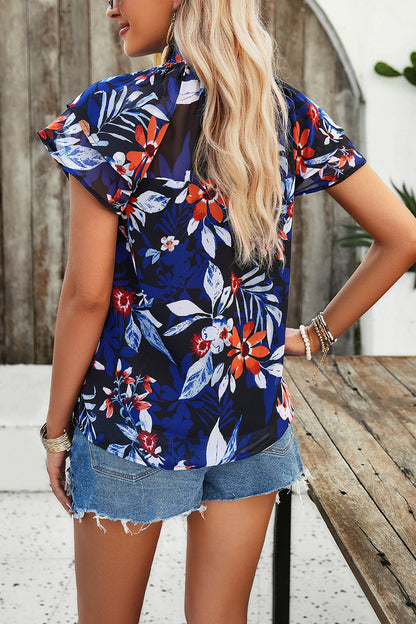 Devine Printed Ruffled Mock Neck Blouse