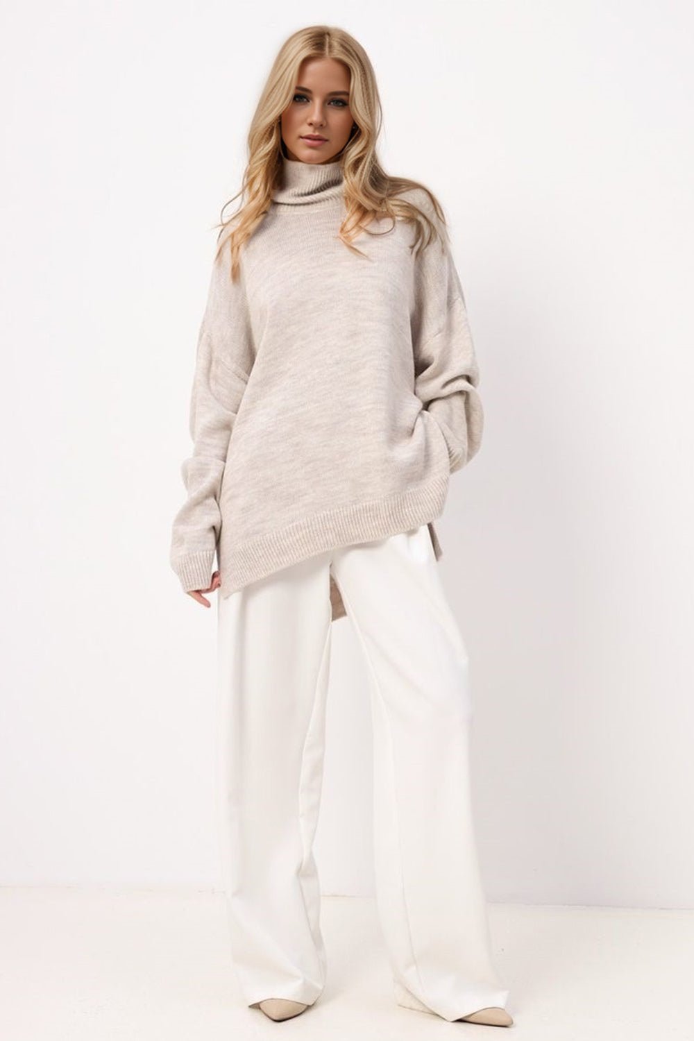 Basic Bae Side Slit Turtleneck Long Sleeve Sweater