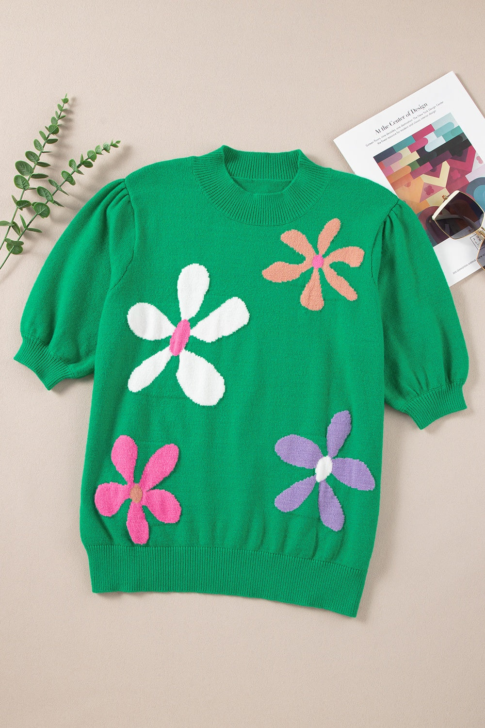 Flower Mock Neck Short Sleeve Sweater