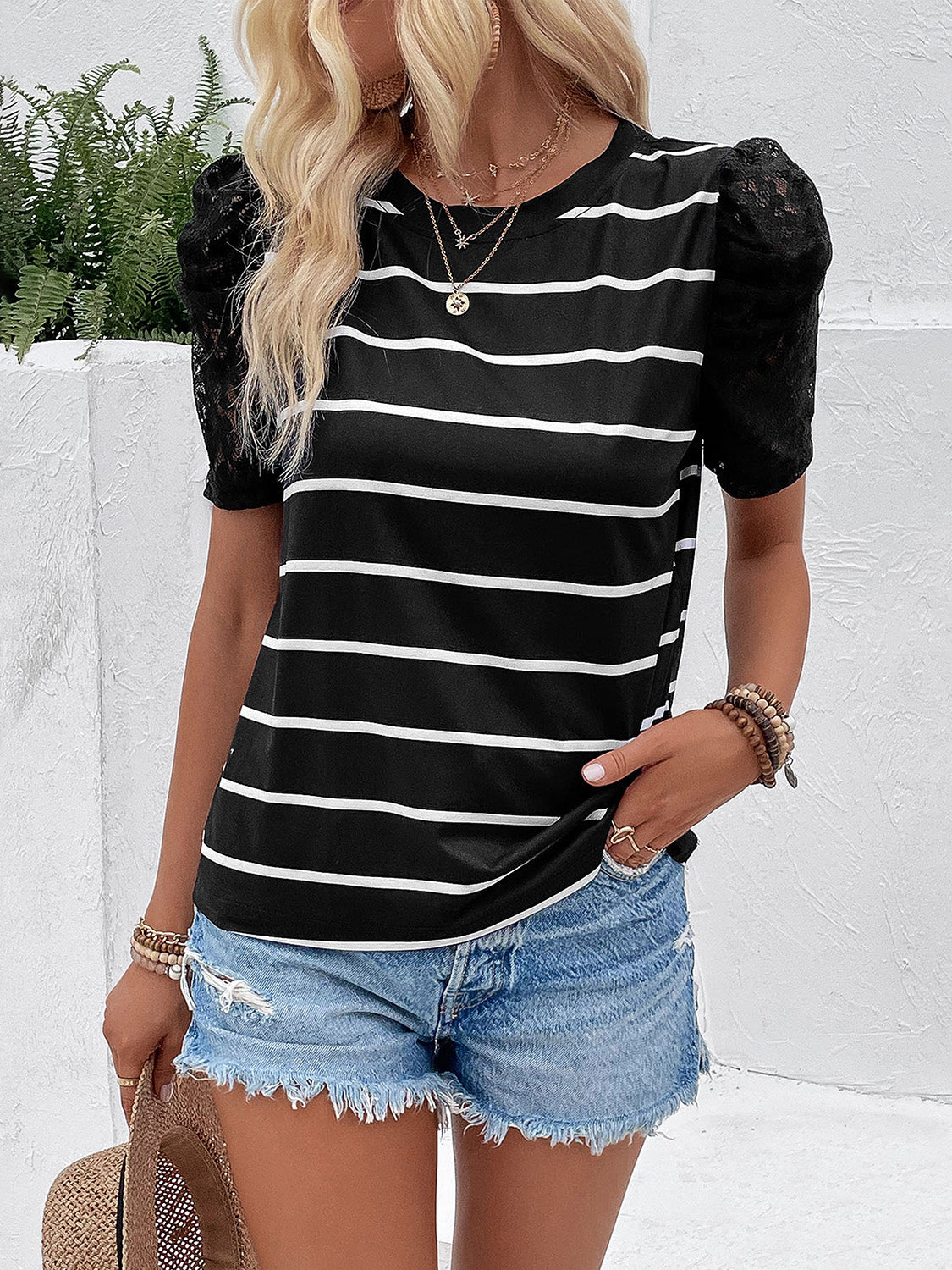 Perfee Striped Lace Detail Short Sleeve T-Shirt