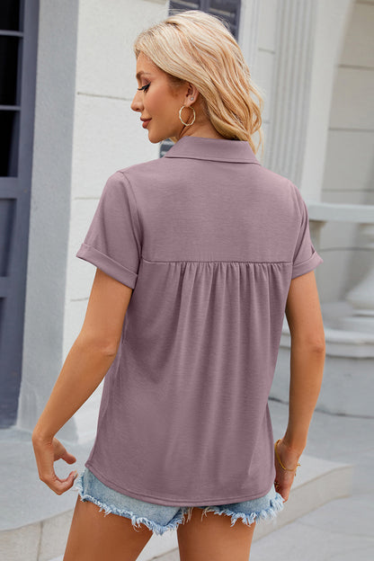 Ruched Johnny Collar Short Sleeve Blouse