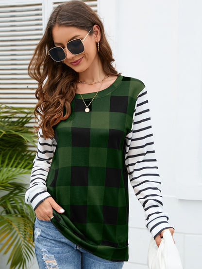 Plaid Striped Round Neck Long Sleeve T-Shirt