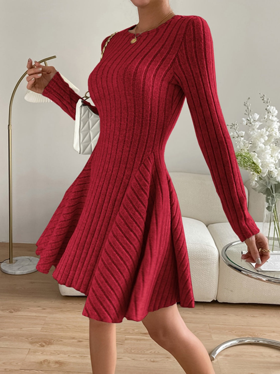 Ribbed Round Neck Long Sleeve Dress