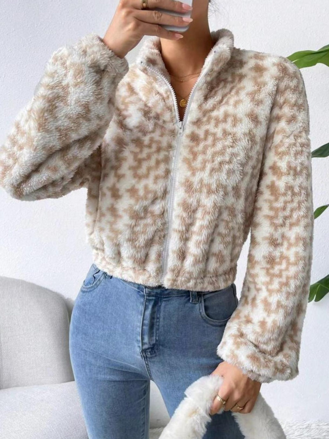 Zip Up Long Sleeve Fuzzy Outerwear