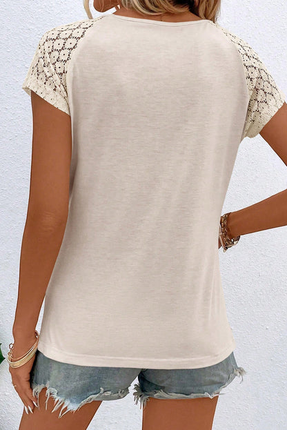 Cutout Round Neck Lace Short Sleeve T-Shirt