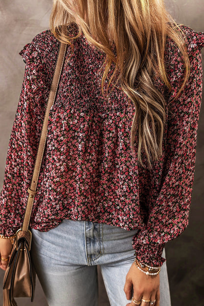 Ruffled Floral Waffle-Knit Blouse