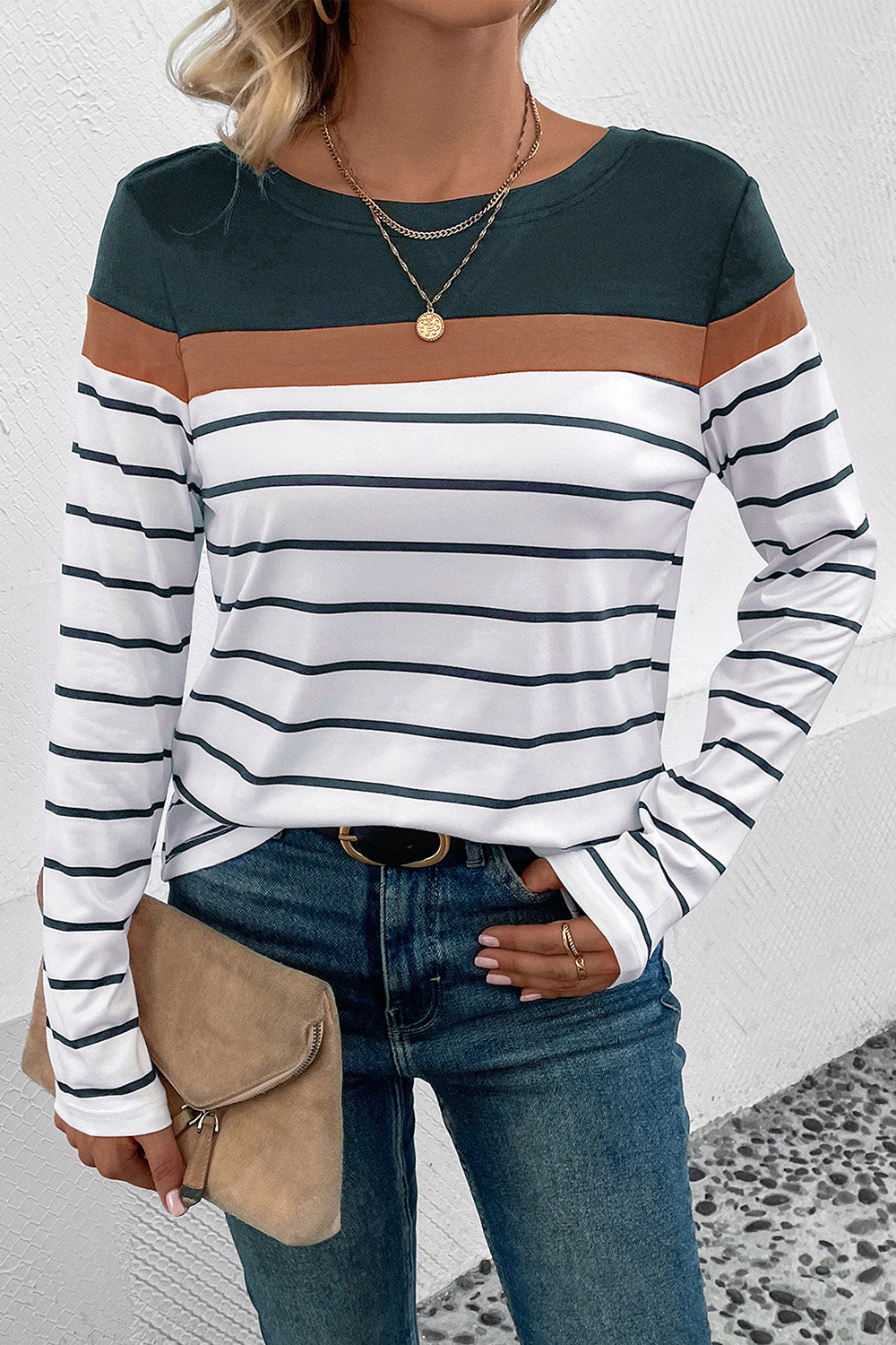 Perfee Striped Round Neck Long Sleeve T-Shirt