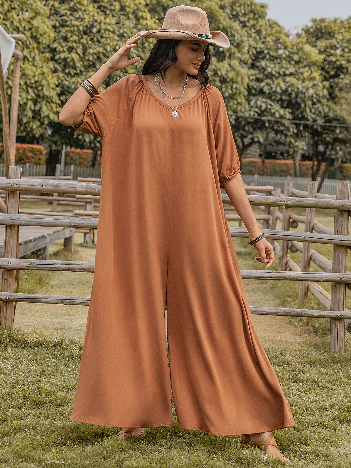 Scoop Neck Half Sleeve Wide Leg Jumpsuit