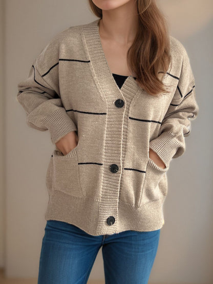 Striped Button Down V-Neck Long Sleeve Cardigan