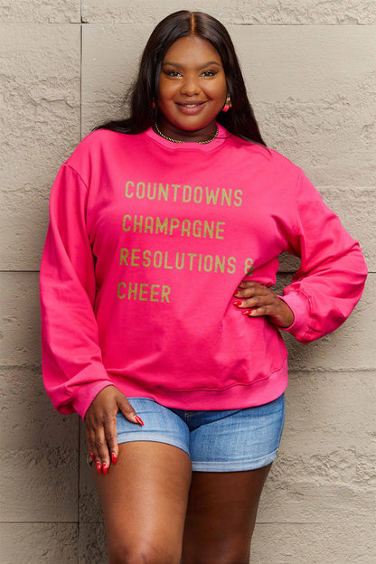 Simply Love Full Size COUNTDOWNS CHAMPAGNE RESOLUTIONS &amp; CHEER Round Neck Sweatshirt