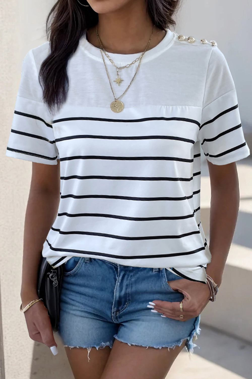 Perfee Decorative Button Striped Short Sleeve T-Shirt