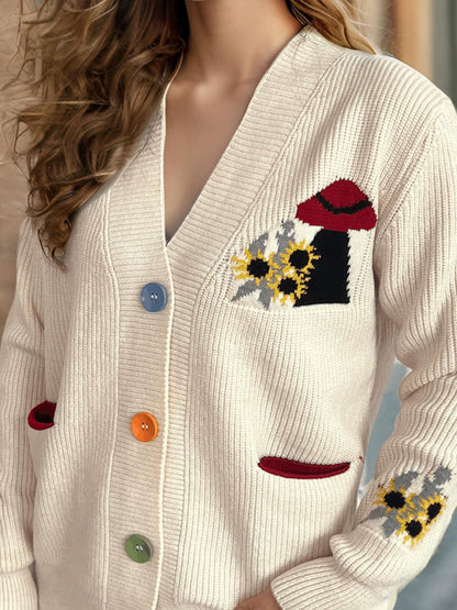 Contrast Button V-Neck Long Sleeve Cardigan