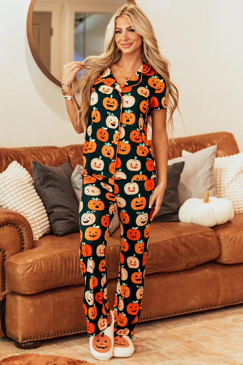 Pumpkin Printed Short Sleeve Top and Pants Lounge Set