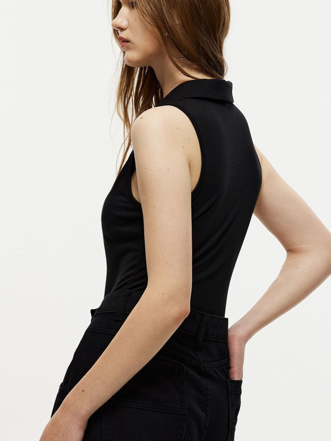 Quarter Zip Collared Neck Sleeveless Bodysuit