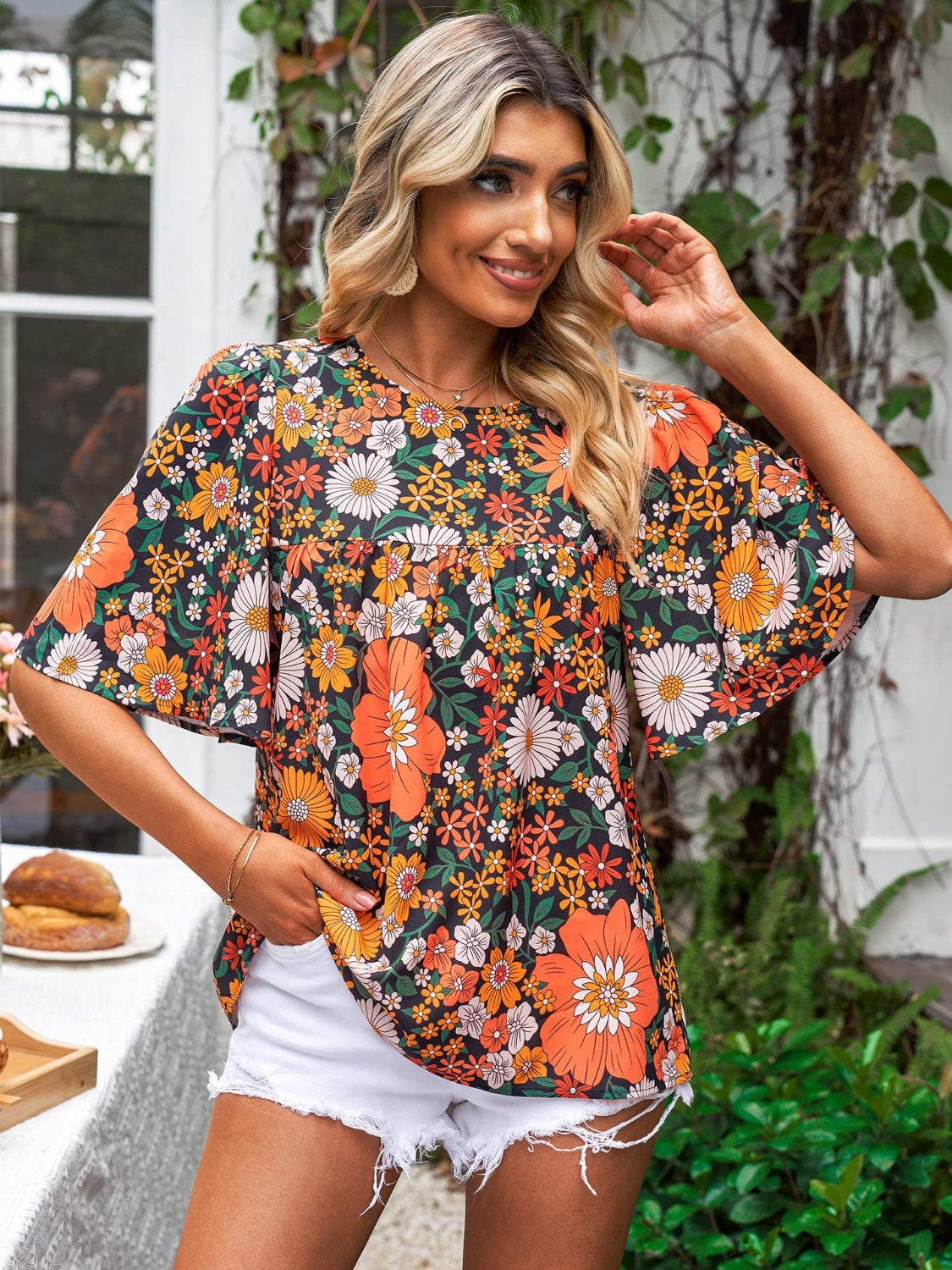 Printed Round Neck Half Sleeve Blouse