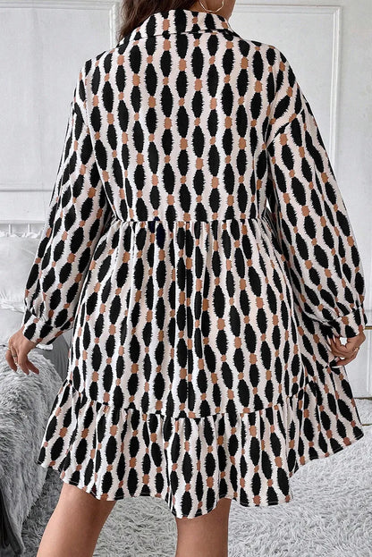 Plus Size Printed Johnny Collar Long Sleeve Dress