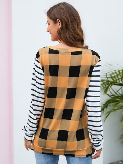 Plaid Striped Round Neck Long Sleeve T-Shirt