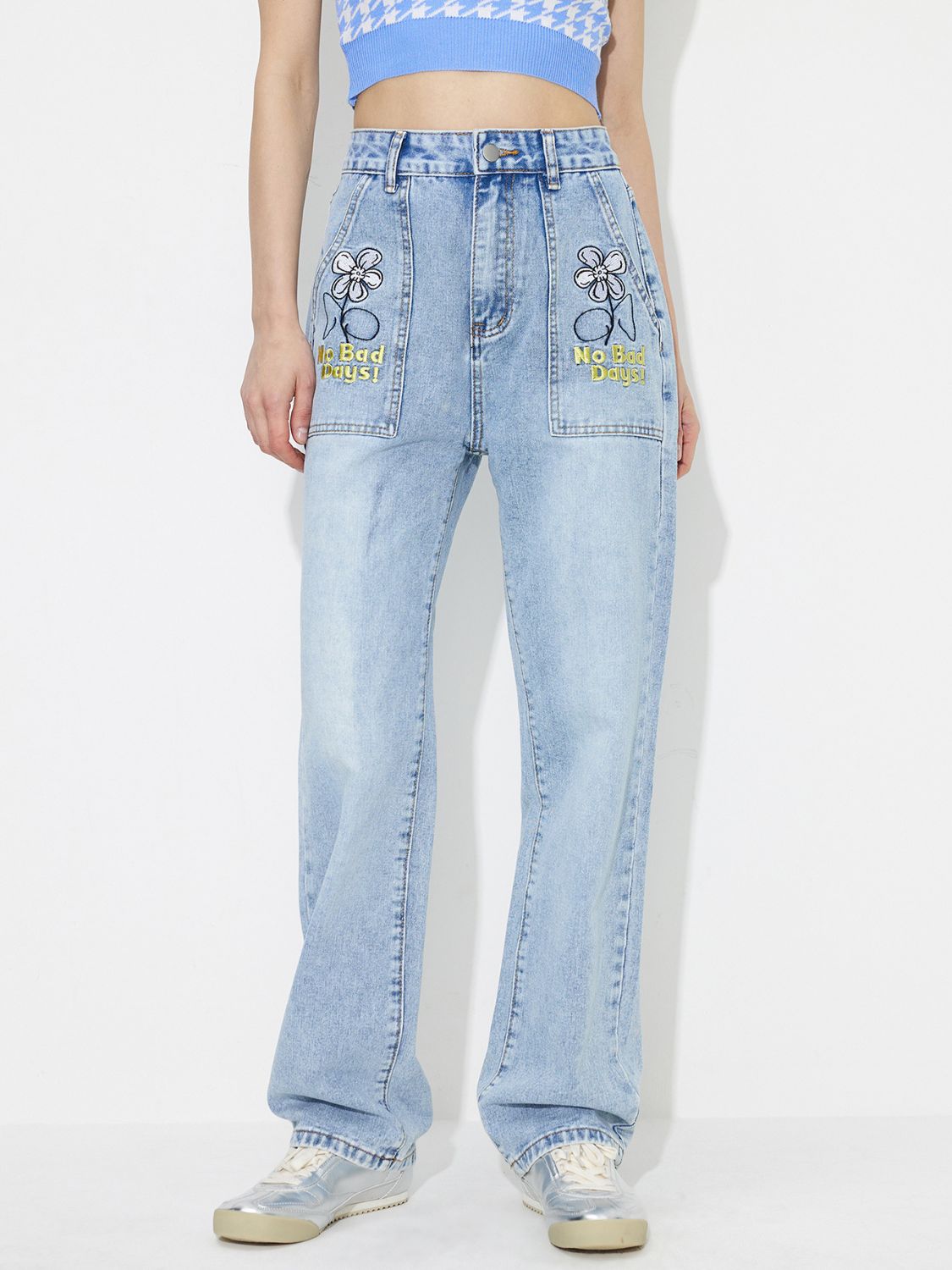 Flower High Rise Straight Leg Jeans with Pockets