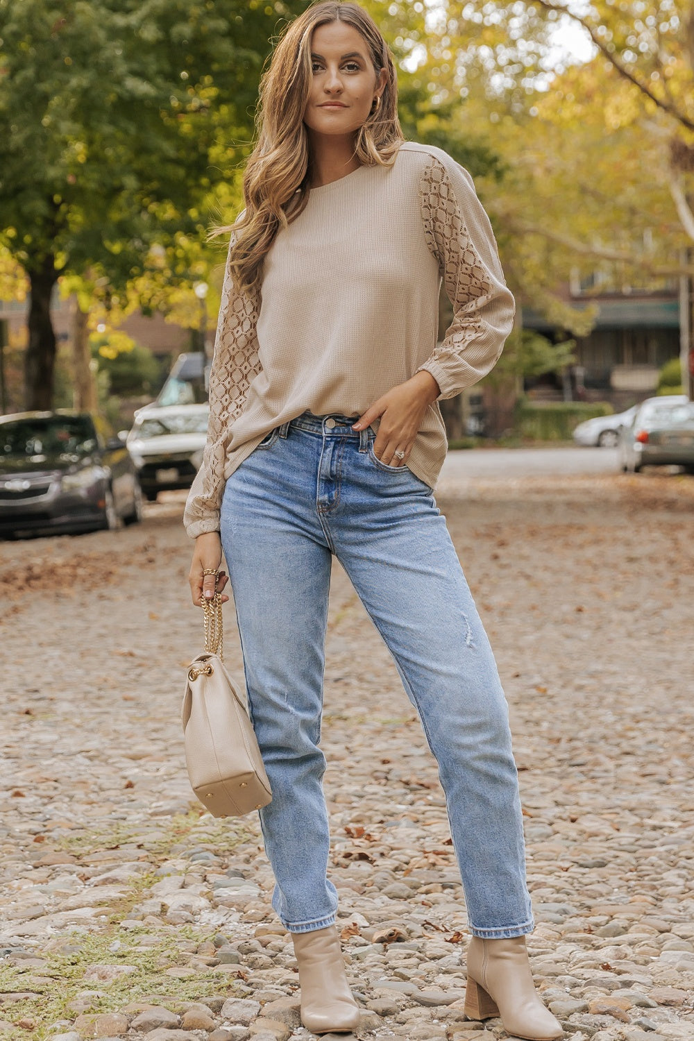 Waffle-Knit Round Neck Long Sleeve Blouse