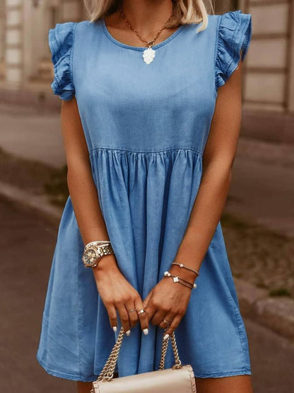 Full Size Ruffled Round Neck Cap Sleeve Denim Dress