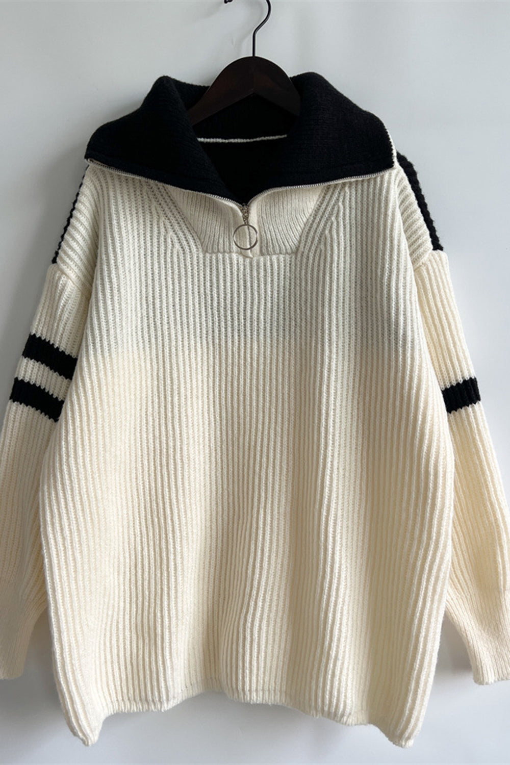 Quarter Zip Striped Dropped Shoulder Sweater