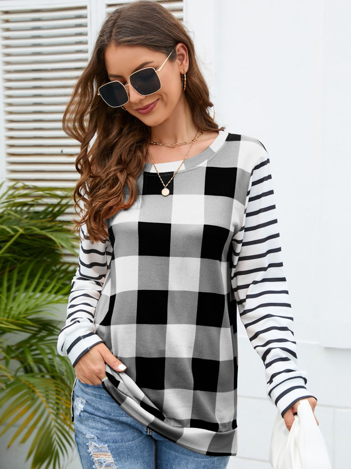 Plaid Striped Round Neck Long Sleeve T-Shirt