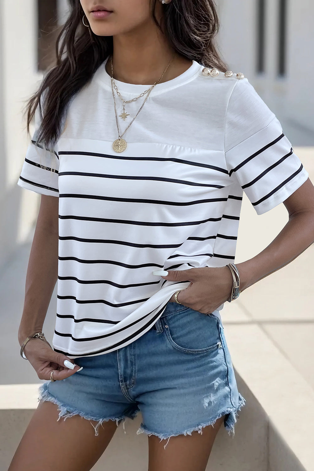 Perfee Decorative Button Striped Short Sleeve T-Shirt