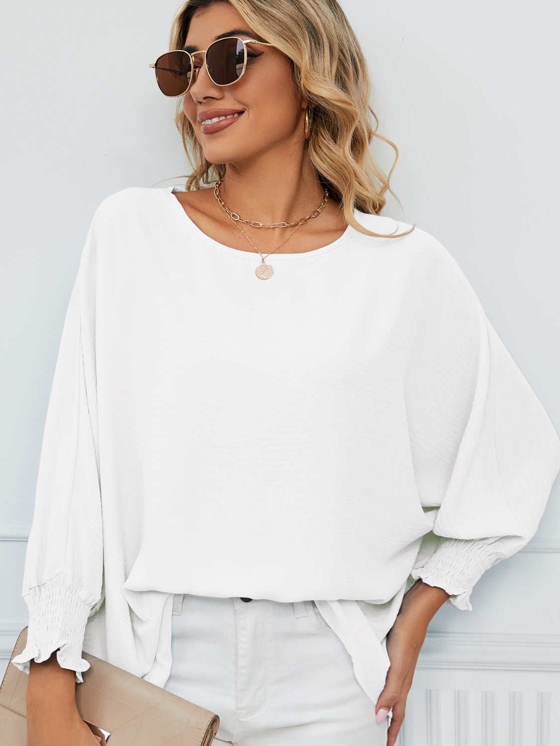 Smocked Lantern Sleeve Round Neck Blouse