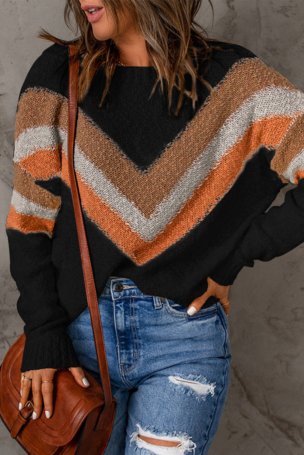 Contrast Round Neck Dropped Shoulder Sweater