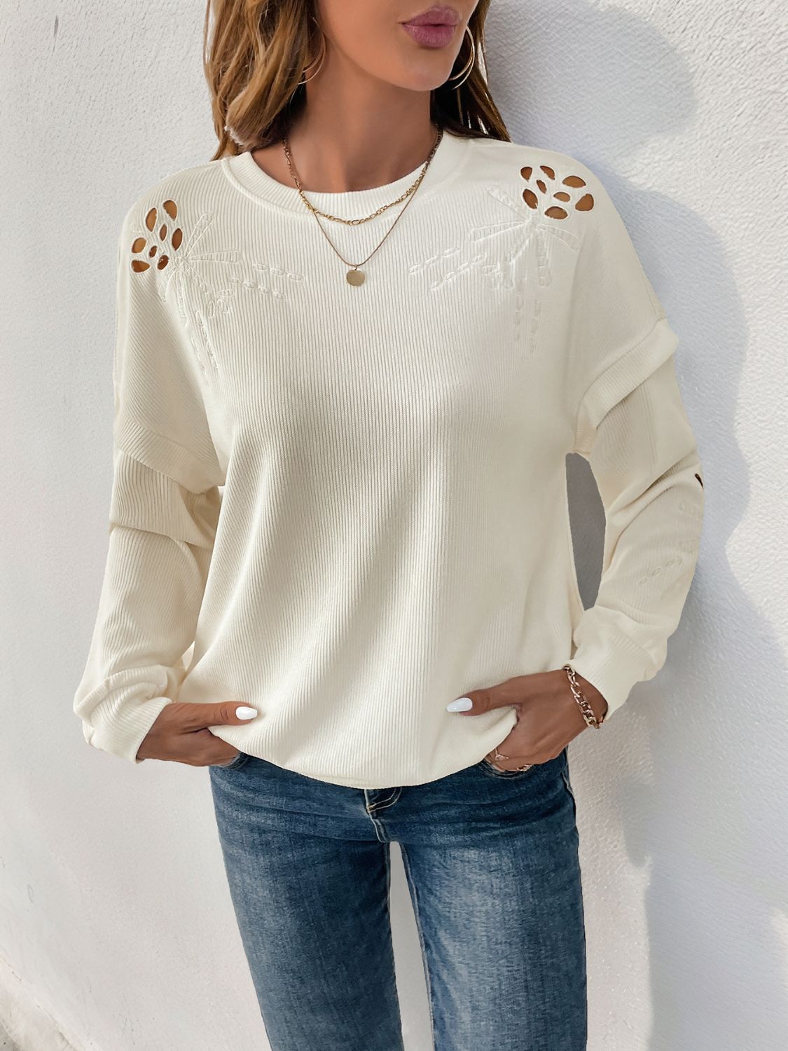 Perfee Cutout Round Neck Long Sleeve Sweatshirt