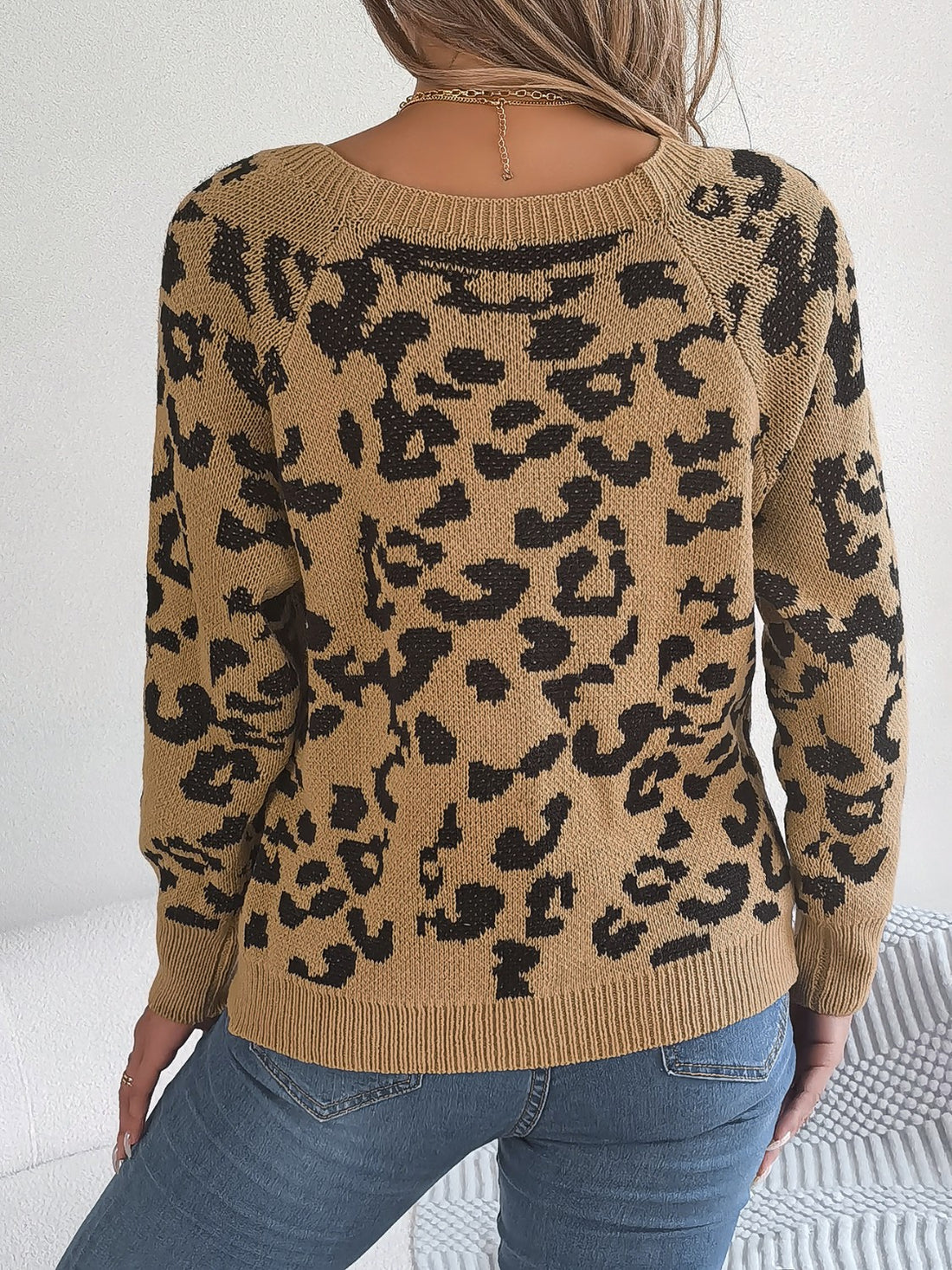 Leopard Buttoned Square Neck Sweater