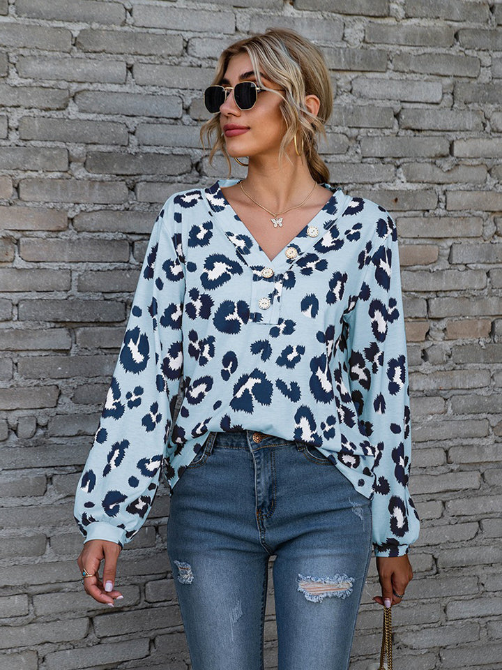 Leopard V-Neck Decorative Button Long Sleeve Blouse