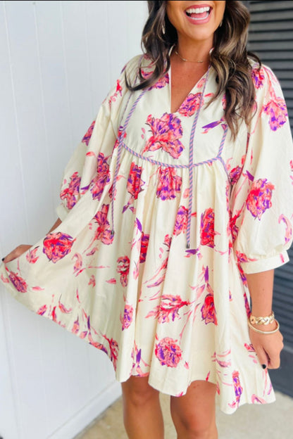 Tied Flower Printed Three-Quarter Sleeve Dress