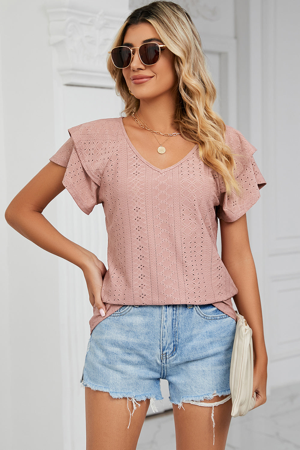 Eyelet V-Neck Short Sleeve T-Shirt